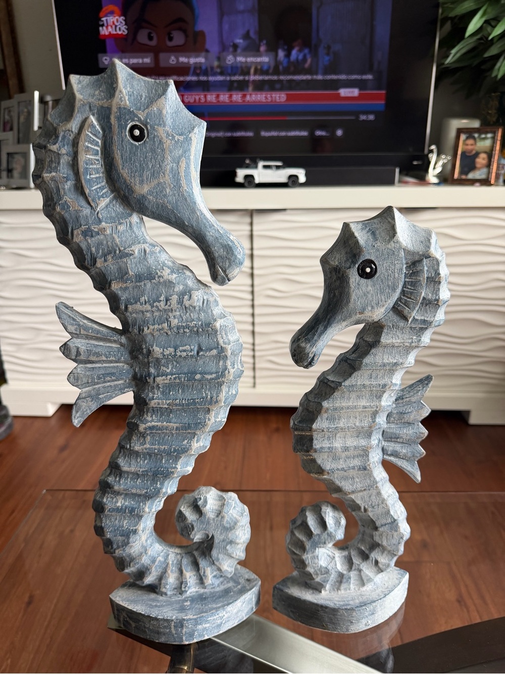 Blue Gray Wooden Seahorse Statues - Coastal Home Art Decor